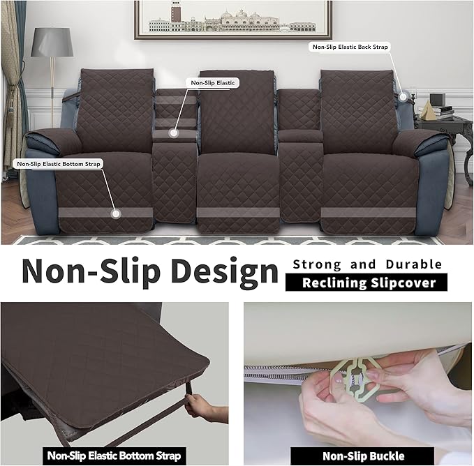 Easy-Going Recliner Sofa Cover with Console, Reversible Couch Cover for Living Room, Split Sofa Cover for Each Seat with Elastic Straps for Dogs, Pets (3 Seater, Chocolate/Beige)