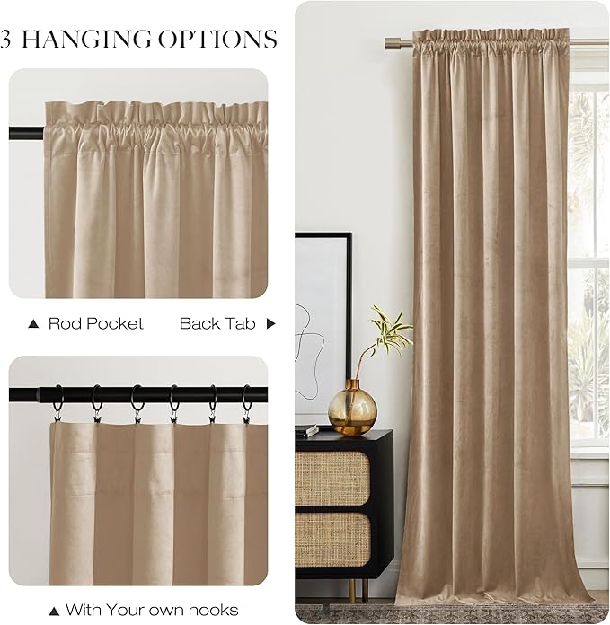 NICETOWN Beige Velvet Curtains Long Drapes, Living Room Office Luxury Bedroom Room Darkening Velvet Curtains, Rod Pocket Drapes 96" Long, 52 inches Wide, Set of 2