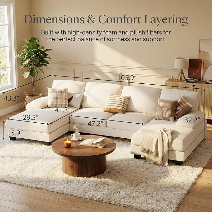 Homall Sectional U Shaped Sofa Couches for Living Room, Comfy Chenille 4 Seat Sofa Set with Removable Pillows, Lounge Chaise Upholstered Couch for for Apartment (Chenille, White)