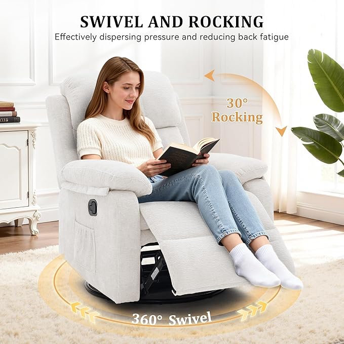 Recliner Chair, 360 Swivel Rocker Chair for Adults, Small Rocking Recliner Chair for Small Spaces, Upholstered Chenille Fabric Glider Recliner Nursery Chair with Side Pockets for Living Room