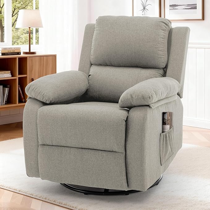 Recliner Chair, 360 Swivel Rocker Chair for Adults, Small Rocking Recliner for Small Spaces, Upholstered Fabric Glider Recliner Nursery (Swivel Rocker Recliner, Light Khaki)