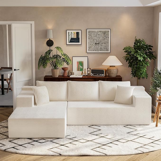 Homall 108" Modular Sectional Sofa, Boneless Couch with L-Shape Chaise, Cloud Couch with Deep Seat Upholstered, No Assembly Required for Living Room, Bedroom (Corduroy, Beige)