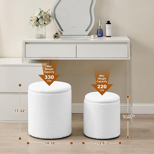 Round Set of 2 Ottoman with Storage, Boucle Storage Ottoman Foot Stool, Soft Teddy Upholstered Small Vanity Stool, Ottomans Coffee Table Padded Seat Foot Rest for Living Room Bedroom, White