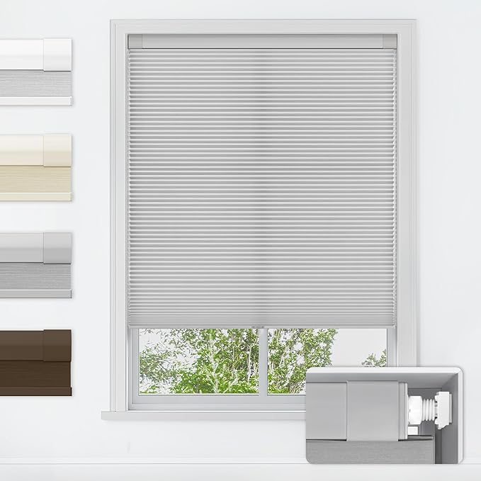 LazBlinds No Tools No Drill Cordless Cellular Shades, Light Filtering Honeycomb Shades for Home, Thermal Insulation Blinds for Windows, 31" W x 64" H, Grey