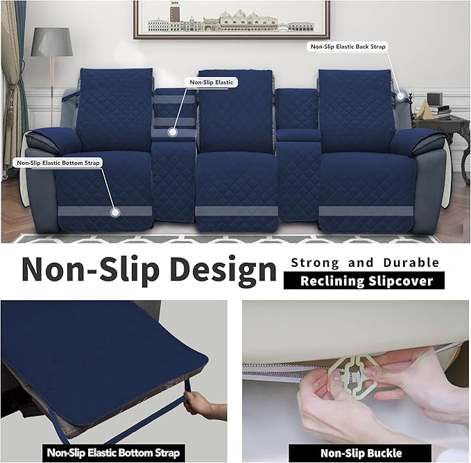 Easy-Going Recliner Sofa Cover with Console, Reversible Couch Cover for Living Room, Split Sofa Cover for Each Seat with Elastic Straps for Kids, Dogs, Pets (3 Seater, Navy/Ivory)