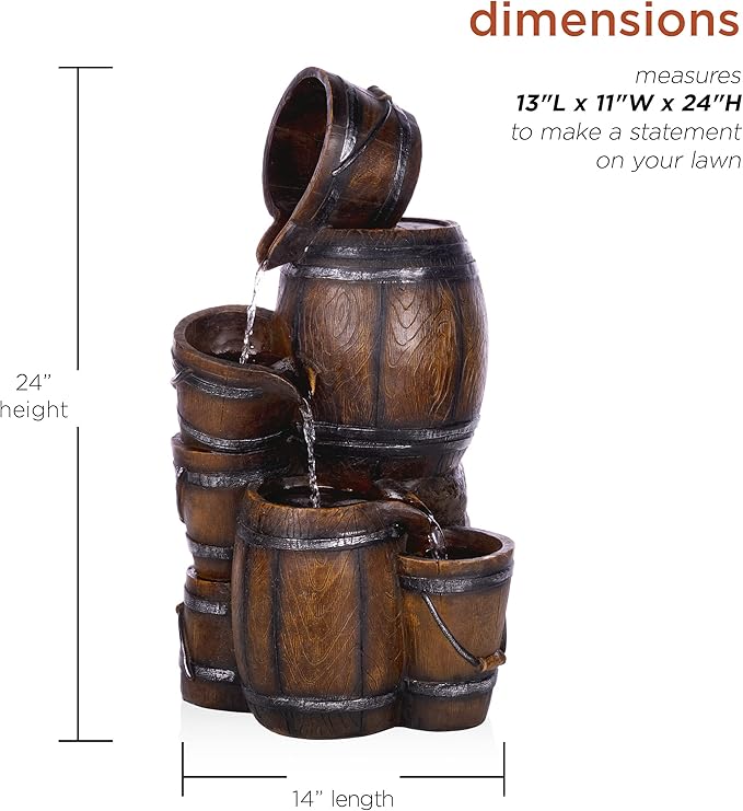 Alpine Corporation ZEN409S Outdoor Rustic 4-Tiered Barrels and Buckets Water Floor Fountain - Farmhouse Style, 24 Inch Tall, Brown