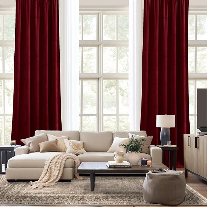 NICETOWN Red Velvet Textured Window Curtains/Draperies for Living Room, Home Decoration Panels with Rod Pocket Design for Hall, Villa (1 Pair, 84 inches Long)