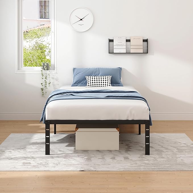 Metal Bed Frame,Twin Size Bed Frame with Storage Space,Heavy Duty Sturdy Mattress Foundation,Easy Assembly,No Box Spring Needed, Black,14 Inch,Twin