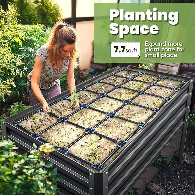 KING BIRD Raised Garden Bed with Irrigation System and Legs Galvanized Elevated Planter Box 48×24×30 in for Backyard, Patio, Balcony, 400lb Capacity, Dark Grey