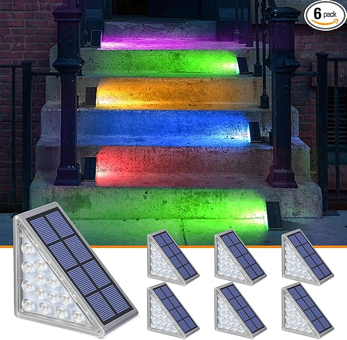 NIORSUN Solar Step Lights,6 Pack RGB Solid Color Changing Solar Stair Lights Outdoor Waterproof IP67 Auto On Off,Solar Lights for Steps,Stair,Patio,Yard,Porch,Front Door,Deck Decor