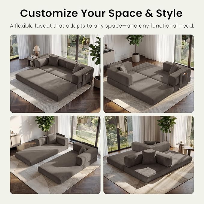 78.8" Convertible Futon Sofa Bed,Corduroy Futon Couch with Storage Pocket,Folding Pull Out Sofa,No Assembly Boneless Couch for Living Room,Brown