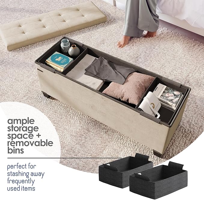 Storage Ottoman Bench with Bins, 43-in Storage Bench for Bedroom End of Bed, Folding Foot Rest Ottoman for Living Room Max 660lbs, Velvet Ottomans, Beige