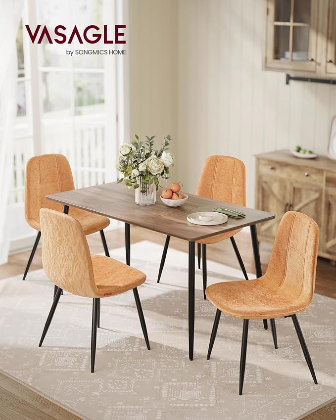 VASAGLE Set of 4 Dining Chairs, Dining Room Kitchen Chairs, Metal Frame, Adjustable Feet, Easy to Clean, Chenille Fabric, Glacier-Textured Synthetic Leather, Caramel Brown UKDC187K01-2J