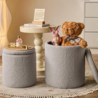 Round Ottoman with Storage Set of 2-Upholstered Sherpa Vanity Stool for MakeupMultifunctional Ottomans Coffee Table Padded Seat Foot Rest for LivingRoom&Bedroom(Sherpa Gray)
