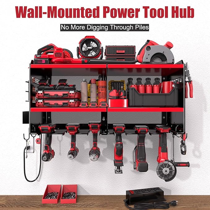 Power Tool Organizer Wall Mount with 4-Outlet Power Strip, Heavy Duty Metal Storage Rack for Garage, Holds 6 Drills & Batteries - Ideal Christmas Gifts for Men, Dad, Husband from Wife