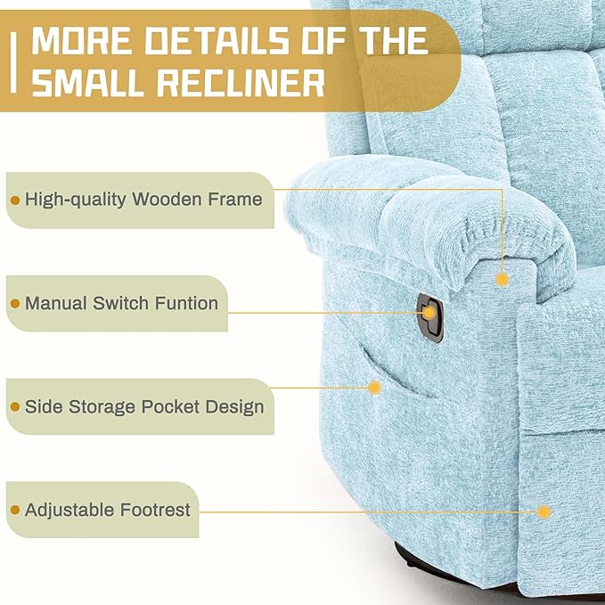 Recliner Chair, Swivel Rocker Recliner Chair for Adults, Small Recliners for Small Spaces, Manual Recliner with Side Pockets, Upholstered Nursery Rocking Chair for Living Room, Chenille, Blue