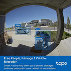 Tapo 2K+ Wired or Battery Powered Smart Video Doorbell with Chime - 180° Field of View, Person/Vehicle/Package Detection, Ring Call, 2-Way Audio, Subscription-Free Local Storage or Optional Cloud,D225