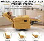 Recliner Chair, Swivel Rocker Recliner Chair for Adults, Small Recliners for Small Spaces, Upholstered Manual Recliner with Side Pockets, Nursery Rocking Chair for Living Room, Chenille, Yellow