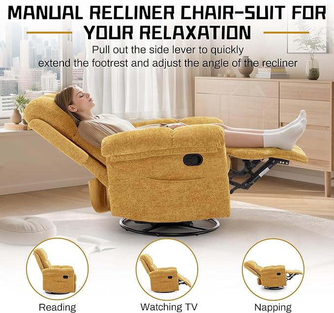 Recliner Chair, Swivel Rocker Recliner Chair for Adults, Small Recliners for Small Spaces, Upholstered Manual Recliner with Side Pockets, Nursery Rocking Chair for Living Room, Chenille, Yellow