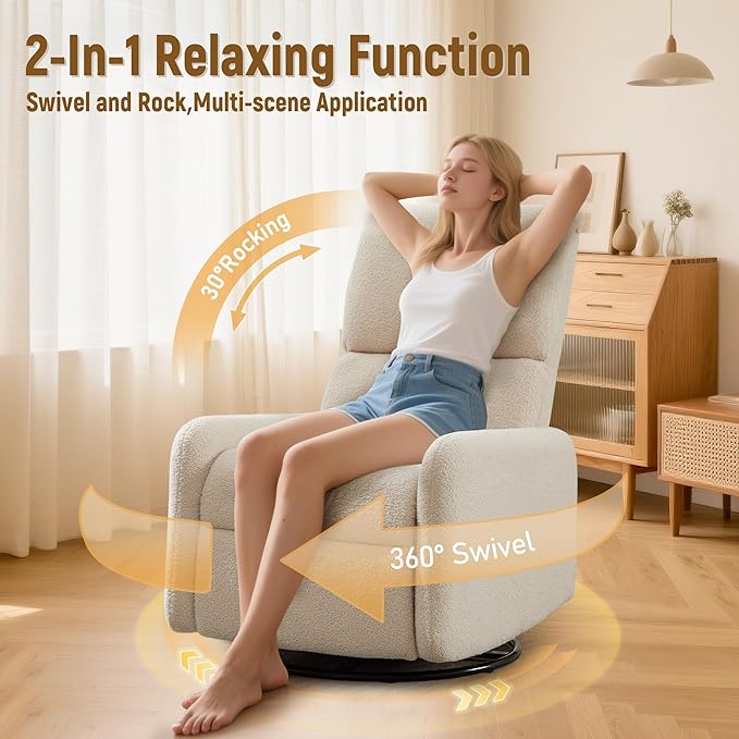 360° Rocking Chair, Nursery Rocker Chair with Side Pockets, Glider Nursing Chair with Steel Structure Base, Small Chair for Small Spaces, Sherpa Swivel Accent Chairs for Living Room, Nursing