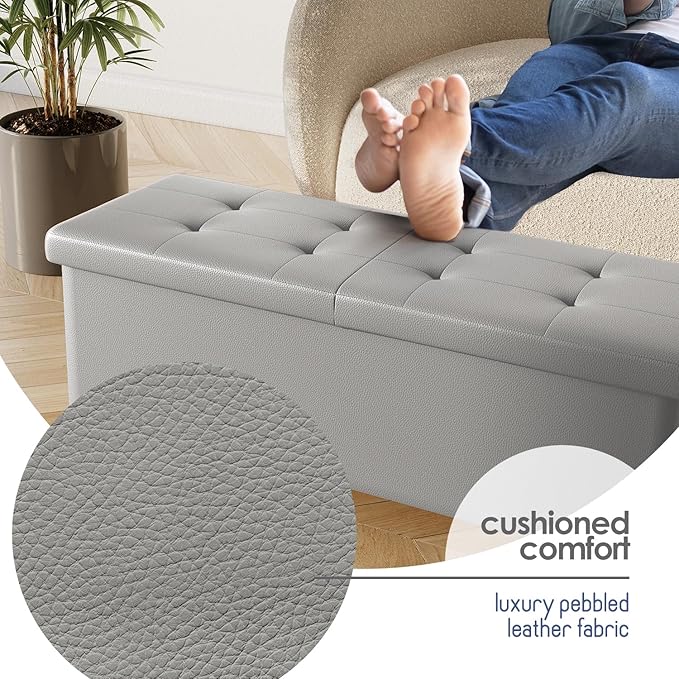 Storage Ottoman Bench with Bins, 43-in Storage Bench for Bedroom End of Bed, Folding Foot Rest Ottoman for Living Room Max 660lbs, Leather Ottomans, Light Grey