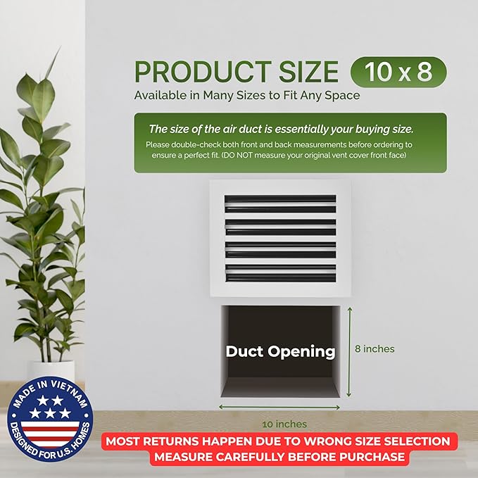 Modern Air Vent Cover 10x8 (Duct Opening) - Decorative White Aluminum Linear Slot Diffuser for Wall, Ceiling, Floor Register - Quiet Operation HVAC Grille for Home with Adjustable Airflow