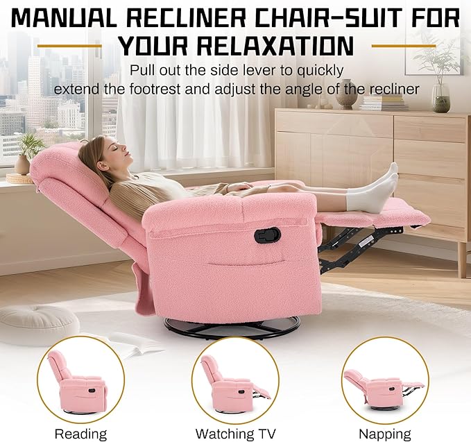 Recliner Chair, Swivel Rocker Recliner Chair for Adults, Small Recliners for Small Spaces, Manual Recliner with Side Pockets, Upholstered Nursery Rocking Chair for Living Room, Sherpa, Pink