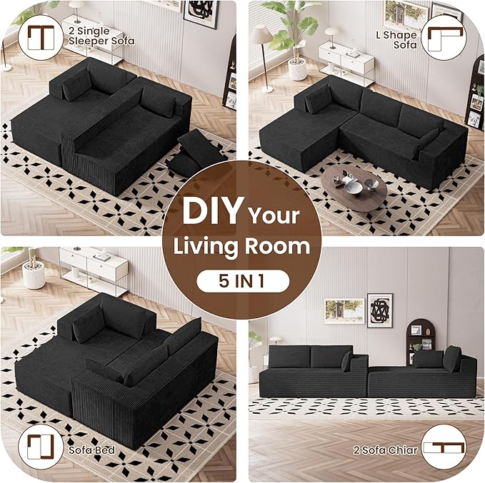 106" Cloud Sectional Boneless Couches for Living Room, Modular L Shaped Couch with Deep Seat Oversized Left Facing Chaise, Memory Foam Compressed Spineless 3 Seater Sofa for Bedroom Apartment, Black