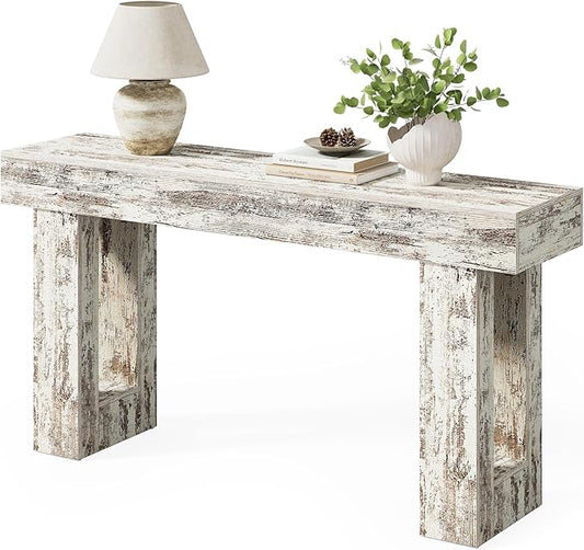 Little Tree 63-Inch Long Console Tables for Entryway, Large Sofa Table Behind Couch, Wooden Entry Foyer Hallway Table, Modern Console Sofa Tables for Living Room, Distressed White