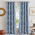 NICETOWN Vintage Blue Foil Print 90 inch Long Curtains for Elegant Home Decoration, Wave Silver Line Design Drapes Light Filtering, W52 x L90, 2 Panels