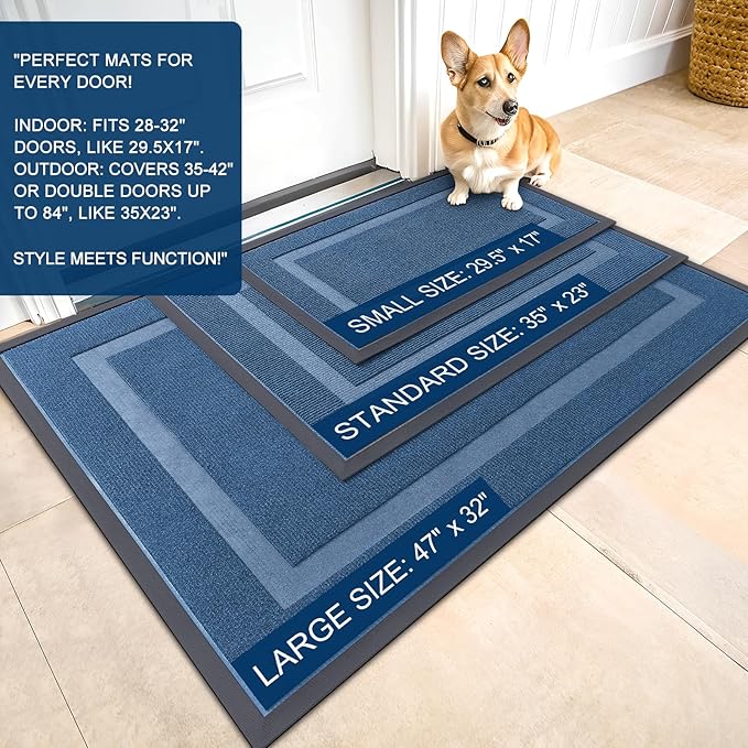 OLANLY Front Door Mat Indoor Outdoor Entrance, Waterproof All-Season, All-Weather Doormat, Sturdy Natural Rubber, Fade Resistant, Low Profile, Easy Clean Patio Porch Entryway Mat, 59x30, Light Blue