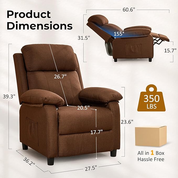 Recliner Chair, Reading Chair for Adults with Side Pockets, Recliners with Padded Deep Seat, Small Recliners for Small Spaces, Linen Fabric Comfy Chair for Bedroom, Living Room, and RV