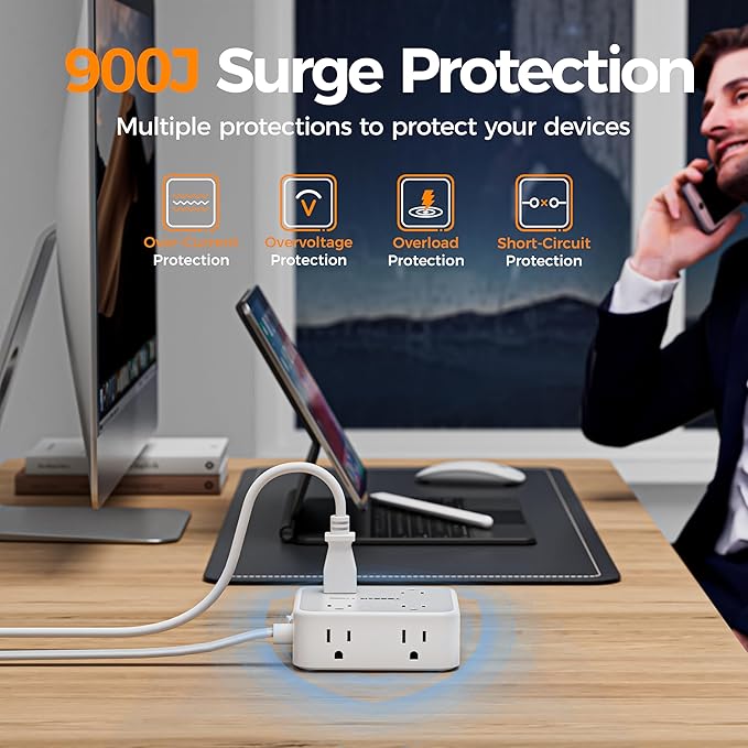 TESSAN Surge Protector Power Strip, 10 Ft Flat Plug Extension Cord with 3 USB (1 USB C) 8 Outlets, 1250W, 900J Protection, 3 Sided Outlet Extender with Power Switch for Office, Dorm Room, Grey