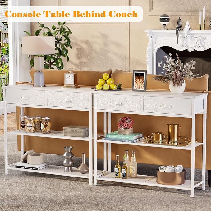 Furologee 30'' Entryway Table, White Console Table with Storage, Narrow Sofa Table with 2 Drawers and 2 Shelves for Hallway, Living Room, Bedroom, Foyer, Couch, Tv