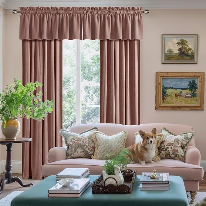 NICETOWN Velvet Cafe Windows Valance, Dusty Rose Pink Window Treatment for Kitchen, Privacy Protection Home Decoration for Living Room, W52 x L18, 1 Panel