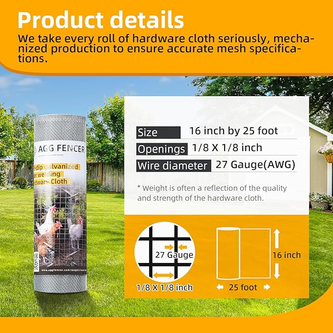 16in x 25ft Hardware Cloth 1/8 inch 27Ga Hot Dipped Galvanized After Welding, Chicken Coop Wire Fence, Welded Metal Fencing Roll Mesh for Bee Screen Garden Plant Poultry Animal Netting Cage