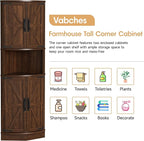 Vabches 64.8" Tall Farmhouse Corner Cabinet with 4 Doors and 5 Storage Shelves, Farmhouse Storage Cabinet with Barn Door Design, Home Space Saver for Living Room, Kitchen, Laundry Room,Brown