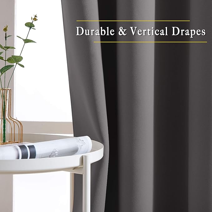NICETOWN Grey Bedroom Curtains Blackout 96 inches Long, Grommet Energy Saving Thermal Drapes Room Darkening Sound Dampening Window Treatments for Living Room, W52 x L96, 2 Panels