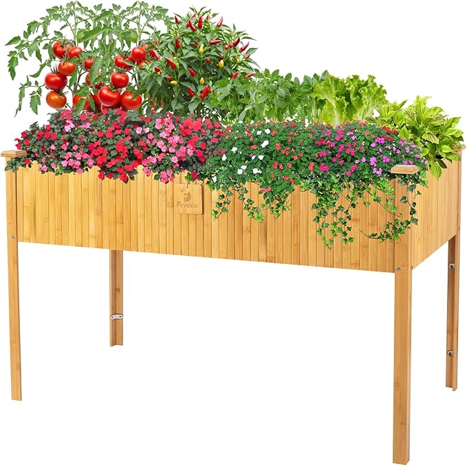 Bamboo Raised Garden Beds Outdoor, Raised Garden Bed with Legs, Elevated Bamboo Planter Box, Standing Growing Bed for Growing Fresh Herbs, Vegetables, Succulents, Flowers (48x25x30 Inch)