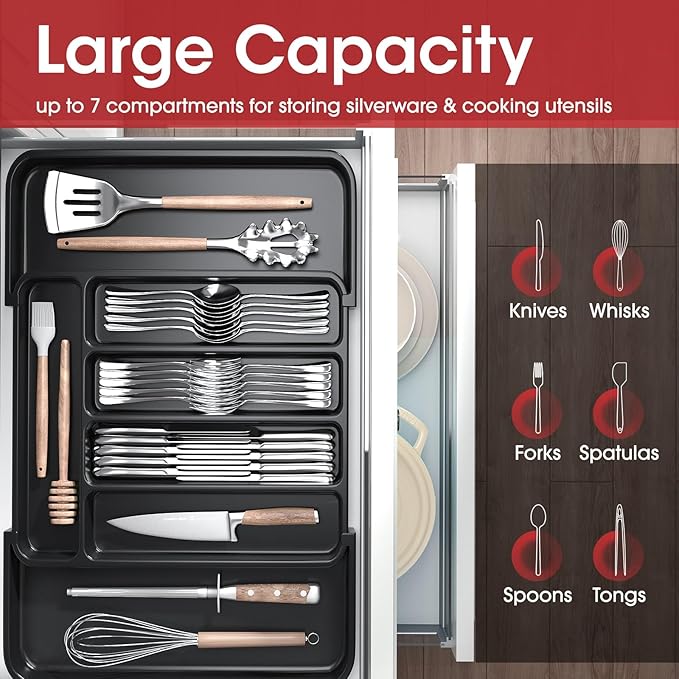 Aujen Silverware Organizer - Expandable Kitchen Drawer Organizer, Adjustable Utensil Organizer, Cutlery Tray for Forks, Knives, Multipurpose Kitchen Organizers and Storage Solution, Black, Medium