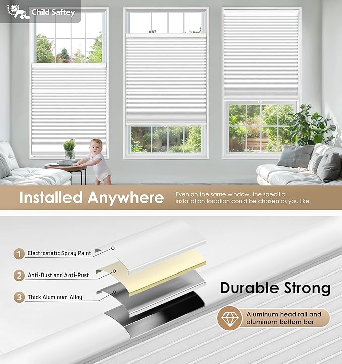 LazBlinds No Tools No Drill Cordless Cellular Shades, Blackout Light Blocking Honeycomb Shades for Home, Thermal Insulation Blinds for Windows, 23" W x 36" H, White