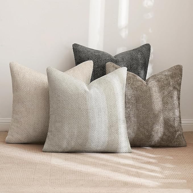 MIULEE Pack of 4 Couch Throw Pillow Covers 18x18 Inch Neutral Soft Decorative Chenille Pillow Covers Farmhouse Boho Cushion Covers for Mid Century Modern Spring Home Decor Sofa Bedroom Living Room