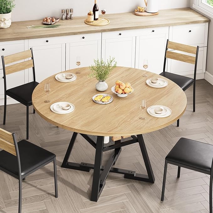 47'' Round Dining Table for 4,Kitchen Dining Room Circle Dinner Pedestal Table,Space Saving Wood Kitchen & Dining Room Furniture (Natual Wood, 47In)