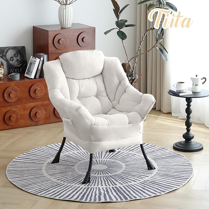 Tiita Lazy Chair, Beige Modern Large Accent Armchair, Comfy Leisure Sofa Reading Chair for Bedroom, Living Room, Dorm Rooms, Garden and Courtyard, Beige