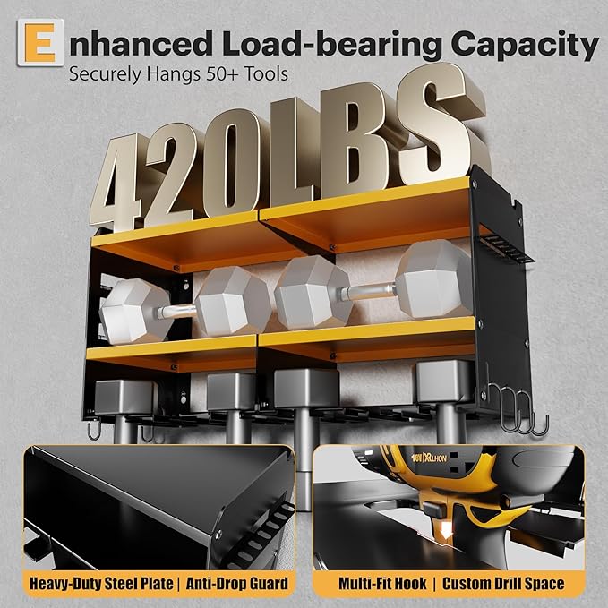 Large Power Tool Organizer Wall Mount with Charging Station, 3 Layer Heavy Duty Metal Tool Storage Rack Loads 420lbs with 6 Cordless Drill Holder, Utility Rack Loads with 4 Power Strip