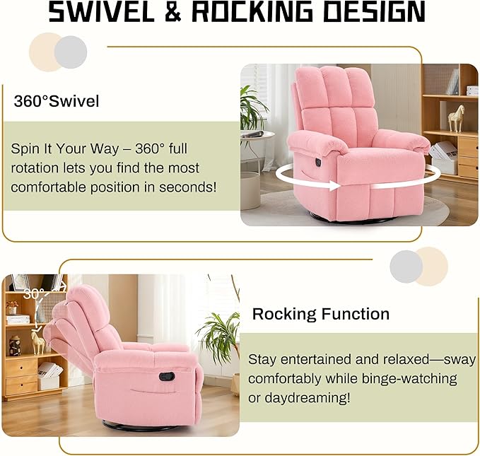Recliner Chair, Swivel Rocker Recliner Chair for Adults, Small Recliners for Small Spaces, Manual Recliner with Side Pockets, Upholstered Nursery Rocking Chair for Living Room, Sherpa, Pink