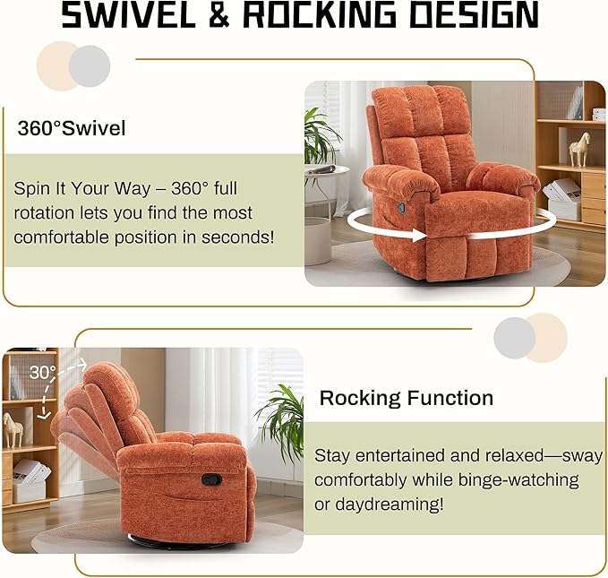 Recliner Chair, Swivel Rocker Recliner Chair for Adults, Small Recliners for Small Spaces, Manual Recliner with Side Pockets, Upholstered Nursery Rocking Chair for Living Room, Chenille, Orange