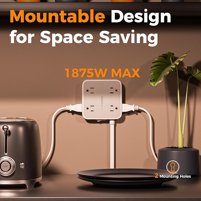 TESSAN Surge Protector Power Strip, 5 Ft Flat Plug Extension Cord with 4 USB (3 USB C) 8 Outlets, 1250W, 900J Protection, 3 Sided Outlet Extender with Power Switch for Office, Dorm Room, Grey
