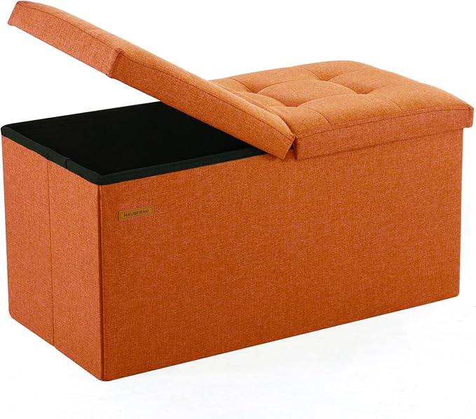 HAUSFRAU - 30 Inches Storage Ottoman Bench with Flipping Lid, Foldable Storage Chest Foot Rest for Living Room, Bedroom, Entryway, Load 660 lb, Linen Orange