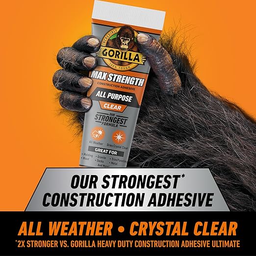 Gorilla Max Strength Construction Adhesive, Clear Glue, 7 Ounce Squeeze Tube (Pack of 1) - Gap Filling and Waterproof